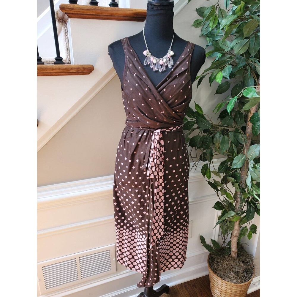 Lucy & Laural Polka Dot Brown Cotton V-Neck Sleeveless Knee Length Dress Size 14